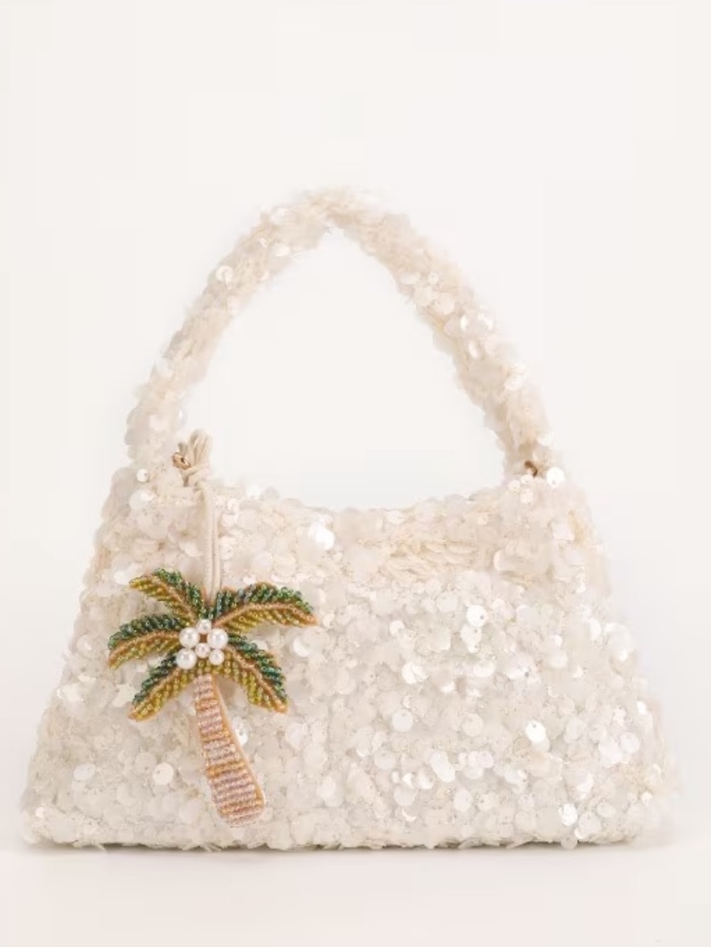Sequin Embellished Evening Bag Purse Crossbody Palm Tree Faux Pearl Coconut